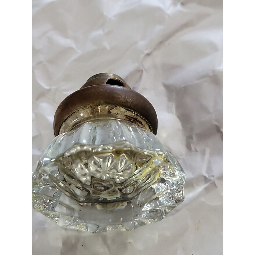 Antque 12 Point Inner Rosette Clear Glass 2in Door Knob Brass Mount No Screw